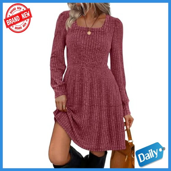 Long Sleeve Babydoll Sweater Dress Square Neck Flowy Tunic - Picture 2 of 8